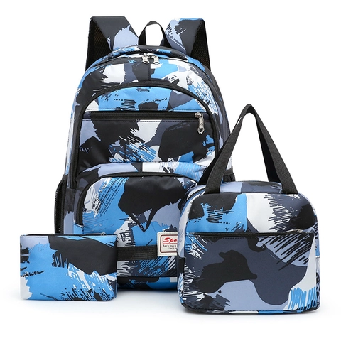 Zaino Scuola in Nylon Casual Set Resistente all'Usura Idrorepellente Stampa Mimetica Patchwork Zaino Con Borsa Pranzo Astuccio Per Studenti Unisex Rientro a Scuola