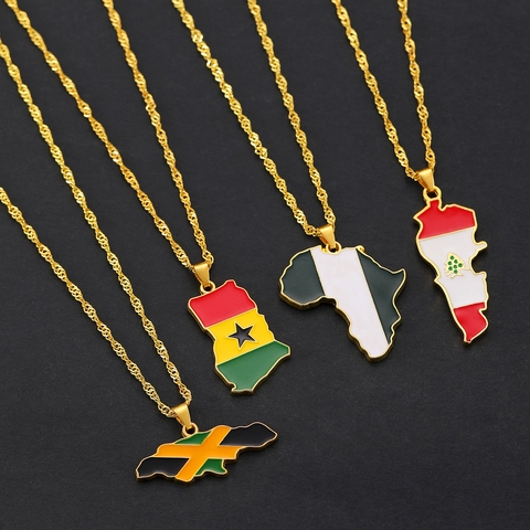 National Map Pendant Necklace Ghana Jamaica Lebanon Africa Gold Plated National Flag Enamel Pendant Jewelry Gift For Men Women