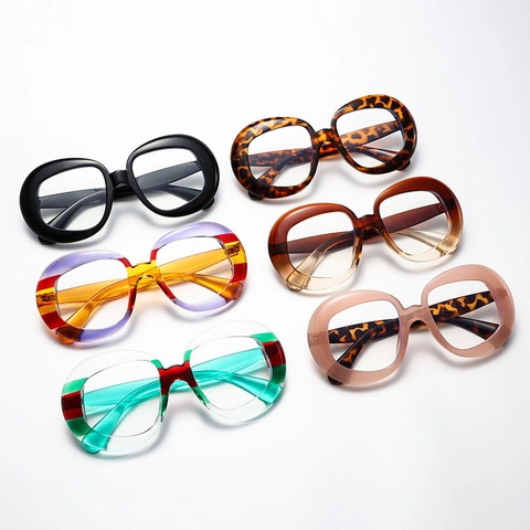 Montures De Lunettes Rondes Surdimensionnées Femmes Rétro PC Mode Lunettes Décoratives Patchwork Blocage De Couleur Léopard Élégant