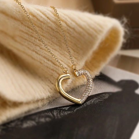 Herz Anhänger Halskette Kupfer Echtgold Vergoldet Bunte Zirkonia Minimalistischer Eleganter Schmuck Für Damen