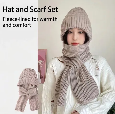 Ensemble Bonnet et Écharpe en Tricot d'Hiver pour Femme Doublé Polaire Épais Torsades Écharpe à Capuche Intégrée Bonnet