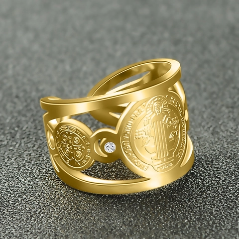 Anillo Medalla San Benito Acero Inoxidable Circonita Hueco Ajustable Ancho Joyería Religiosa Vintage