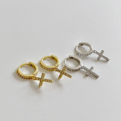 925 Sterling Silver Cross Hoop Earrings For Women Rhinestone Dangle Huggie Earrings Light Luxury INS Elegant Jewelry Gift