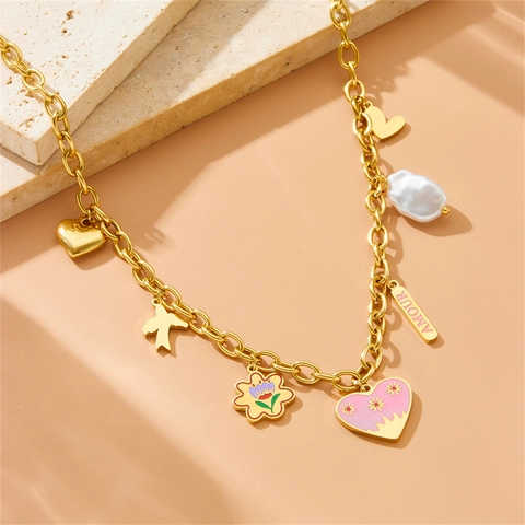 Collar De Acero Inoxidable Esmalte Corazón Flor Pájaro Perla Barroca Artificial Colgantes Oro Multi Encanto Estilo Coreano Moda Para Mujeres