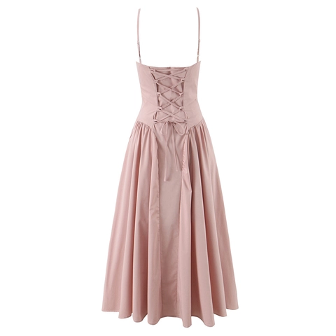 Spaghetti Träger Midi Kleid Rückenfrei Kreuzschnürung V Ausschnitt Gerafft Plissee Swing Saum Sexy Elegant Damen