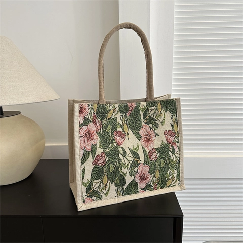 Vintage Floral Jacquard Tote Bag For Women Large Capacity Linen Canvas Handbag Aesthetic Pastoral Shoulder Bag Inner Zipper Pocket