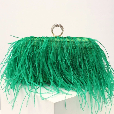 Ostrich Feather Evening Clutch Bag Luxury Rhinestone Ring Handle Hard Box Purse With Chain Strap For Party Wedding