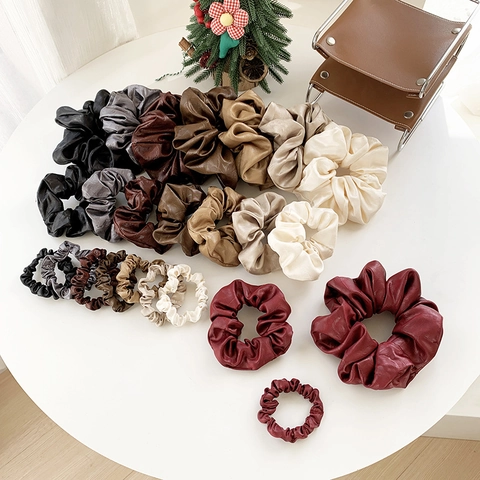 Scrunchies PU Leather Faux Hair Ties High Elastic Solid Color Retro Elegant Fashion Hair Bands For Women