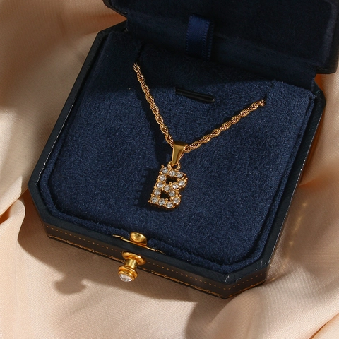 Collana Pendente Lettera Iniziale Acciaio Inossidabile Pavé Strass Placcato Oro Catena Corda Alfabeto Gioielli Moda Donna
