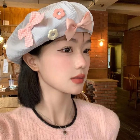 Japanisch Süß Blume Schleife Baskenmütze Für Damen Baumwolle Handgestickt Malermütze Süße Mode Accessoires Dekor