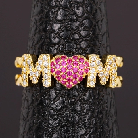 MOM Letter Heart Adjustable Ring Copper Paved Cubic Zirconia Mother's Day Gift For Women Elegant Fashion Jewelry