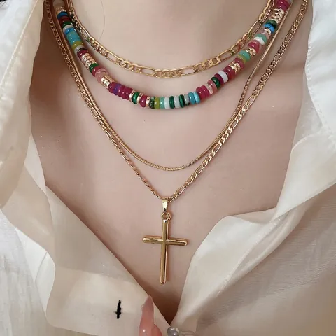 Layered Necklace For Women 18K Gold Plated Copper Cross Pendant Colorful Beads Bohemian Clavicle Chain Fashion Jewelry