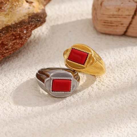 Anello A Sigillo Vintage In Acciaio Inossidabile Placcato Oro 18K Con Pietra Rossa Rettangolare Gioielli Geometrici