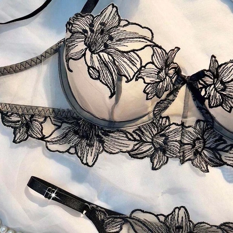 Florale Stickerei BH Und Thong Durchsichtiges Mesh Bügel Sexy Lingerie Transparent Atmungsaktiv Für Frauen