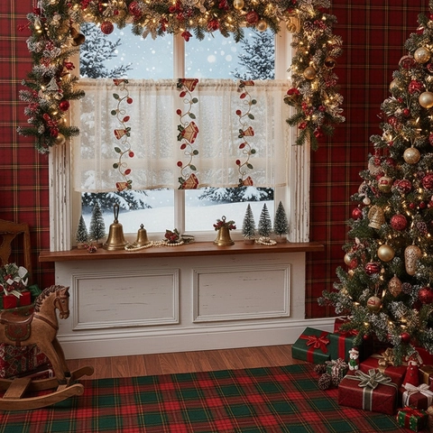 Christmas Embroidered Lace Coffee Curtain American Style Polyester Half Curtain With Bells Holly Pattern Rod Pocket For Kitchen Living Room Window Decor