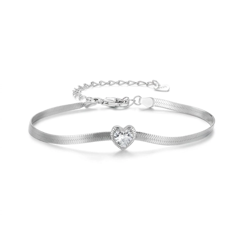 925 Sterling Silver Heart Zircon Bracelet Flat Herringbone Snake Chain For Women Elegant Simple Jewelry Gift