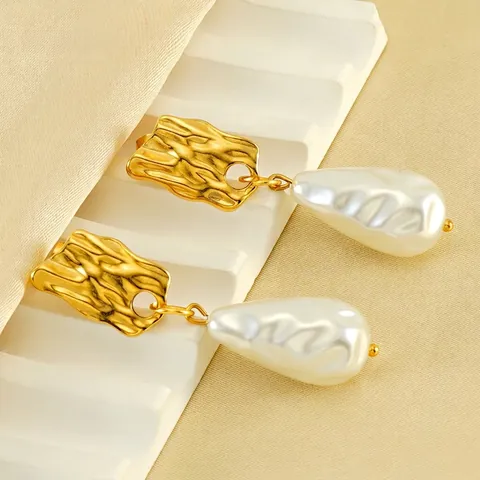 Orecchini Pendenti Con Künstliche Perle Barocche In Acciaio Inossidabile Placcato Oro 18 Carati Geometrici Irregolari Vintage Francese