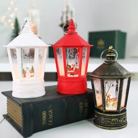 Christmas Decorative Small Lantern Night Light Santa Claus Snowman Pattern LED Glowing Retro Lantern For Xmas Party Home Decor Gift