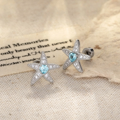 Zeester Hart Kraakbeen Oorknopje Koper Zirkoon Titanium Staal Schroefsluiting Piercing Sieraden Voor Dames Oceaan Blauw Zilver