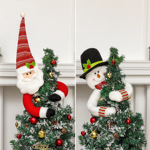 Christmas Tree Topper Hugger Santa Claus Snowman Long Arms Plush Ornament Xmas Home Party Decor Indoor Scene Layout Decoration