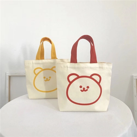 Mini Canvas Tote Bag Cute Cartoon Bear Print Portable Handbag Korean Style Ins For Women Students Casual Daily Use