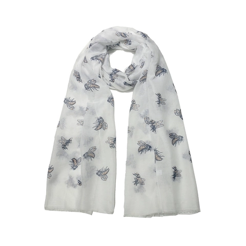 Bee Print Women Long Scarf Shawl Gold Glitter Lightweight Viscose Polyester Wrap Frayed Edges Elegant Fashion Accessory