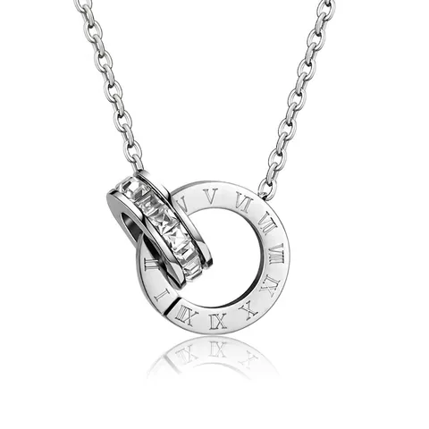 Interlocking Rings Necklace Stainless Steel With Cubic Zirconia Roman Numerals Elegant Jewelry For Women