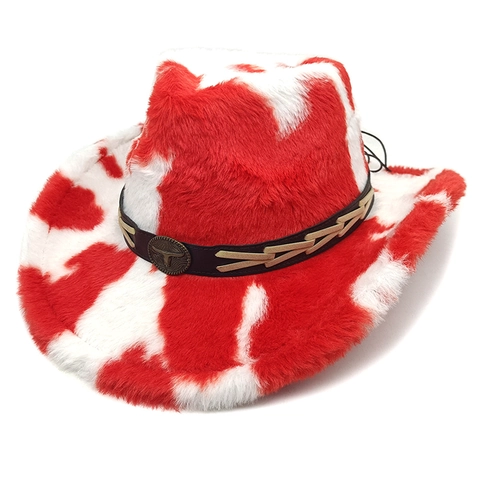 Cappello Da Cowboy Western Stampa Mucca Pelliccia Sintetica Tesa Larga Decorazione Testa Di Toro Fedora