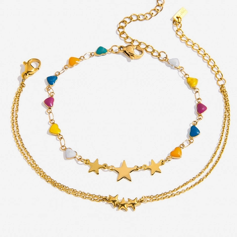 Double Layer Star Heart Bracelet 18K Gold Plated Stainless Steel Colorful Enamel Charms Adjustable Vacation Jewelry For Women