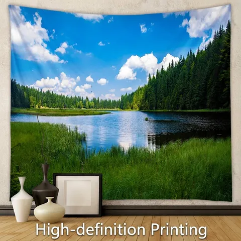 Nature Landscape Tapestry Wall Hanging Forest Lake Mountain Polyester Printing Misty Woods Decor For Living Room Bedroom