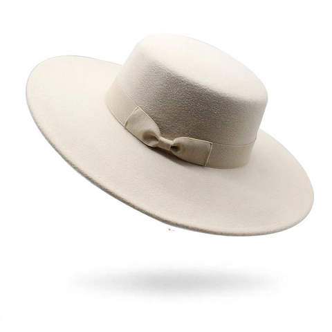 Vintage British Style Boater Hat Wool Felt Flat Top Wide Brim Elegant Ribbon Bow Fedora For Women Men