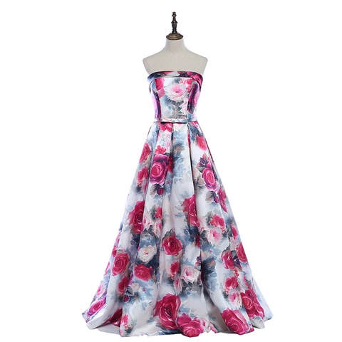Abito Da Sera In Raso Senza Spalline Con Stampa Rose Linea Ad A Lunghezza Al Pavimento Con Lacci Sul Retro Per Donna Festa