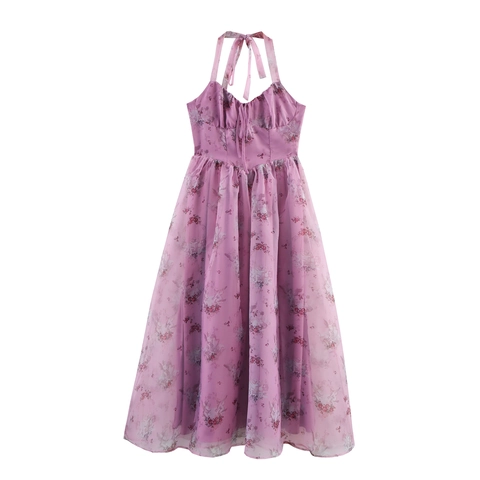 Vestito Maxi Halter Donna Chiffon Stampa Floreale Angelo Schiena Arricciata Vita Alta Estate Elegante
