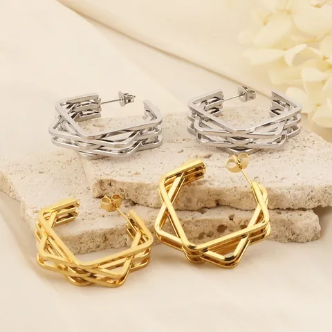 Pendientes Multicapa De Hexágono Geométrico De Acero De Titanio Joyería De Estilo Industrial Moderno Minimalista Para Mujeres
