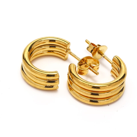 Drie Rijen C-Vormige Oorbellen Verguld Roestvrij Staal Geribbeld Geometrisch Minimalistisch Voor Dames Elegante Mode Sieraden