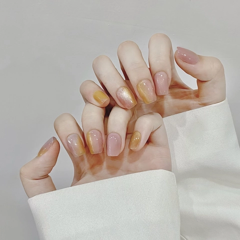 Handmade Candy Glass Bead Cat Eye Press On Nails Short Square Round Pink Amber Gradient Jelly Gel Fake Nails For Women Jewelry