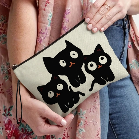 Trousse Per Trucco Con Stampa Gatto Nero Cartone Animato Borsa In Tela Di Lino Con Cerniera E Cinturino