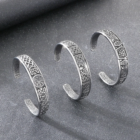 Viking Cuff Bangle Stainless Steel Vintage Nordic Runic Wolf Head Vegvisir Celtic Knot Punk Jewelry For Men