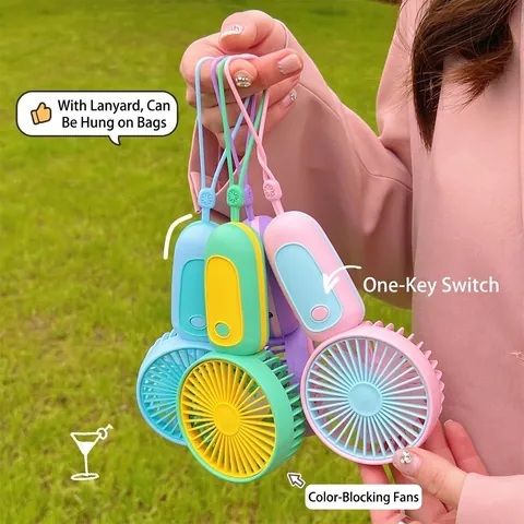 Mini Handheld Fan USB Rechargeable Portable Plastic Contrast Color With Lanyard Cute Summer Cooling Tool