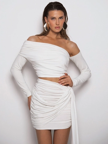 Ruched Off Shoulder Long Sleeve Top And Bodycon Mini Skirt Slim Fit Sexy Clubwear Solid Color Polyester Spandex