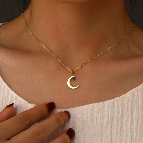 Moon Pendant Necklace 925 Sterling Silver Blue Zirconia Gold Plated Crescent Elegant Jewelry For Women