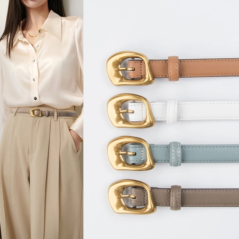 Dames Echt Lederen Dunne Riem Mode Goud Onregelmatige Organische Gesp Tailleband Voor Jeans Jurk Woon-werkverkeer Dames Accessoires