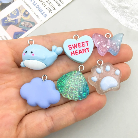 Dijes De Resina Dibujos Animados Ballena Azul Concha Corazón Nube Pata De Gato Pendants Joyería DIY Artesanía