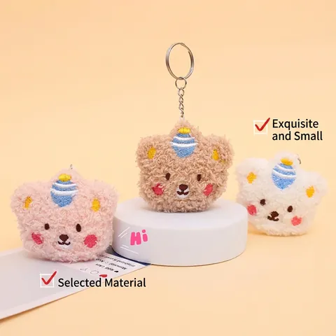 Cute Curly Plush Bear Head Keychain Pendant With Striped Hat Embroidery Bag Charm Ornament Soft Cartoon Animal Accessory