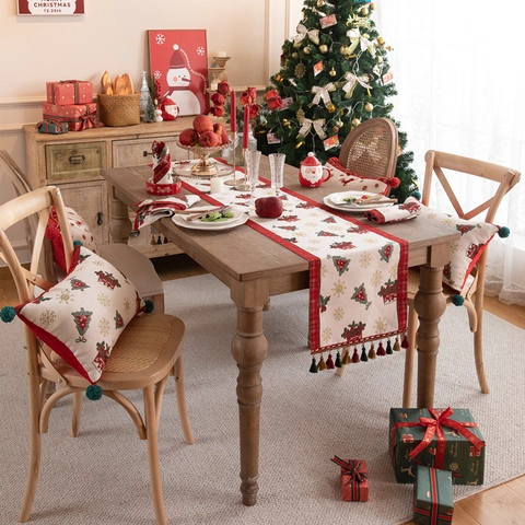 Camino De Mesa Navideño Decoración Festiva Jacquard Poliéster Patrón Reno Copo De Nieve Con Borlas Ornamento Hogar Cocina