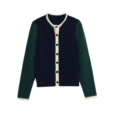 Dames Color Block Gebreid Vest Ronde Hals Lange Mouwen Knoopsluiting Preppy Stijl Contrastbies Casual Zachte Polyester Trui