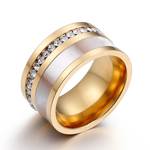Anello In Acciaio Inossidabile Con Intarsio In Madreperla E Zirconi Fascia Larga Geometrica Placcato Oro Per Donna