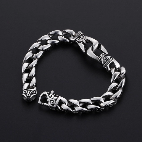 Men Retro Gothic Stainless Steel Bracelet With Embossed Totem Pattern Punk Style Vintage Silver Color Heavy Link Chain Jewelry