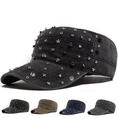 Berretto Cadet Punk Rock In Cotone Lavato Cappello Militare Con Borchie In Metallo Argento Vintage Regolabile
