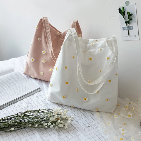 Borsa Tote In Tela Con Ricamo A Margherita Per Donne Studenti Borsa A Mano Casual Estetica Fresca Chiusura A Zip Shopping